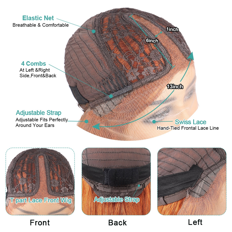 Orange Ginger Color Human Hair T-Part Lace Wig Silky Straight - Image 9