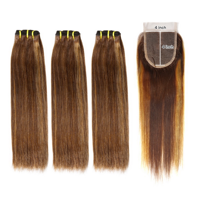 Piano Color #4/27 Double Drawn Virgin Human Hair Straight Bundles With 4x4 Lace Closure - Image 2