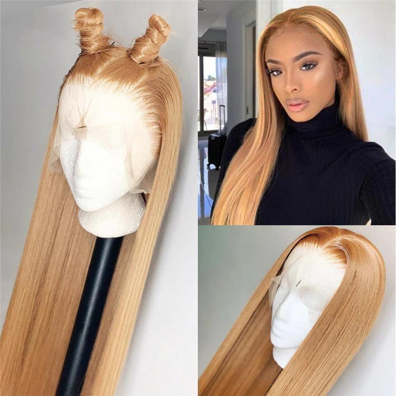 #27 Honey Blonde Human Hair Straight Transparent Lace 13x4 Full Frontal Wig - Image 2