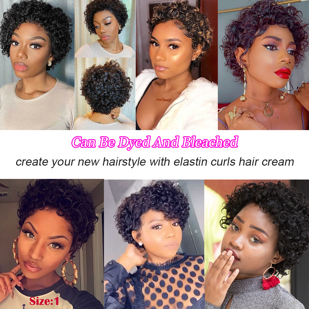 #1B Natural Color Human Hair Curly Wig T Part Pixie Cut Wigs - Image 3